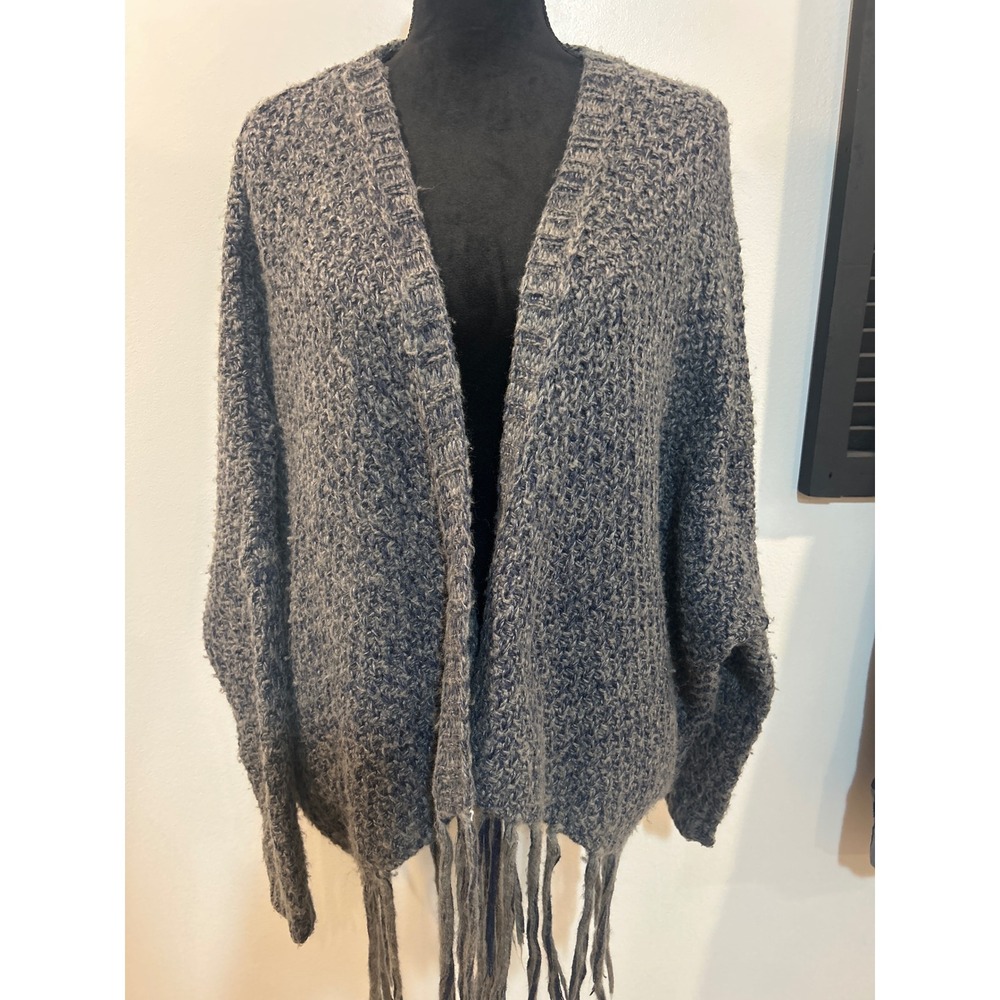 Cecico Blue Grey Marled Knit Fringe Open Front Cardigan Sweater Small Boho